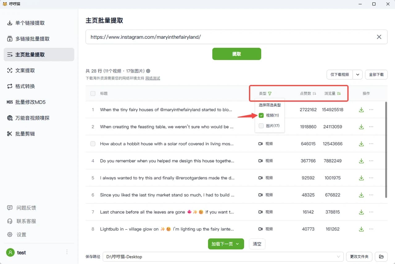 提取结果列表，支持按类型筛选和排序