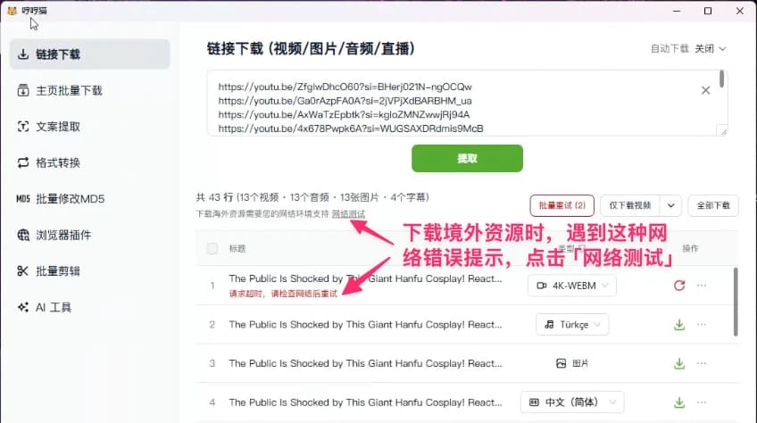 下载海外资源遇到请求超时错误，点击网络测试