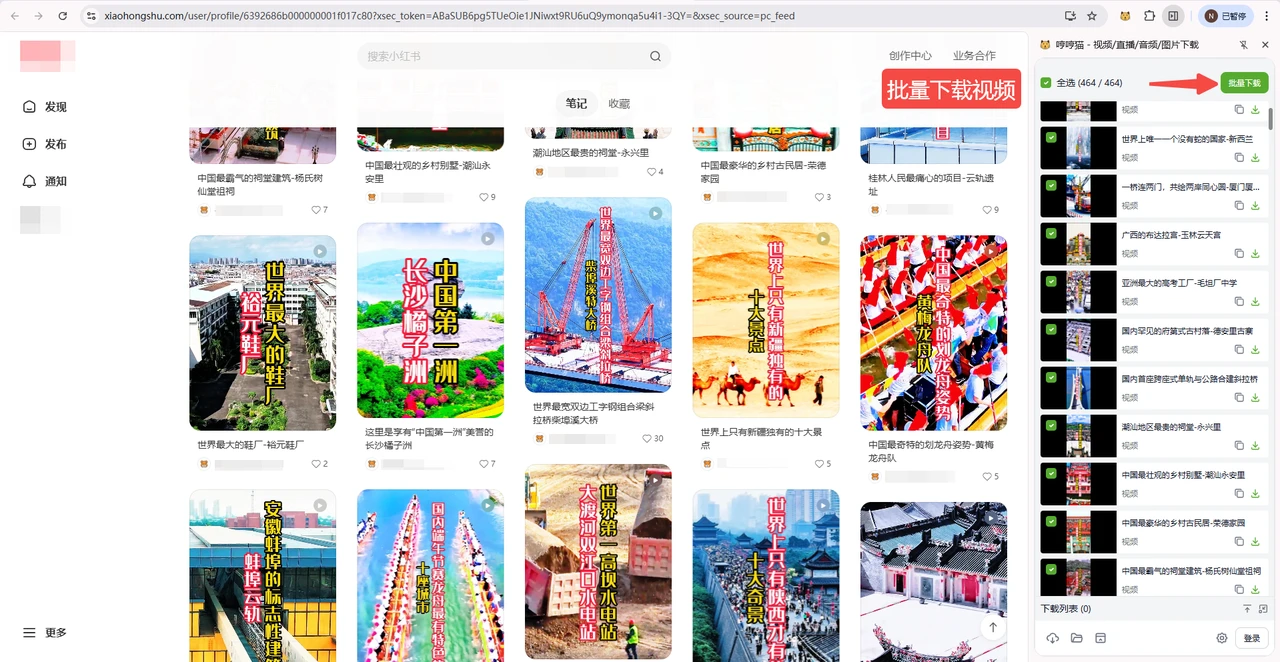 MeowLoad extension batch downloading videos from a Xiaohongshu profile