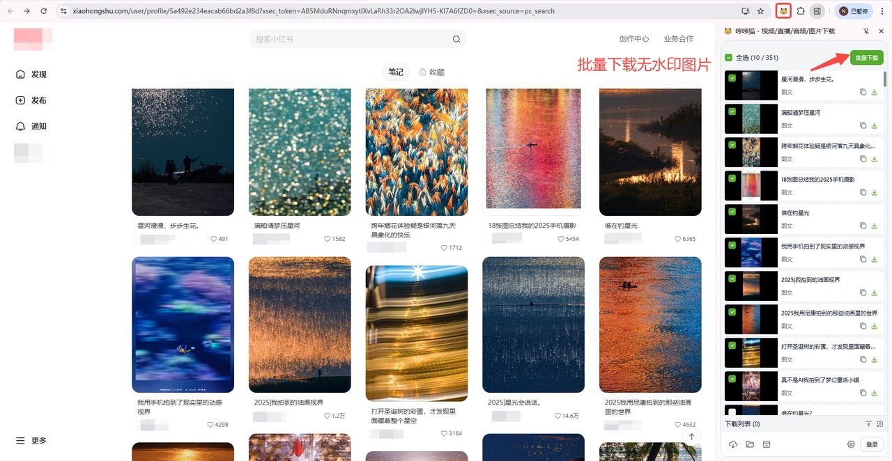 MeowLoad extension batch downloading images from a Xiaohongshu profile